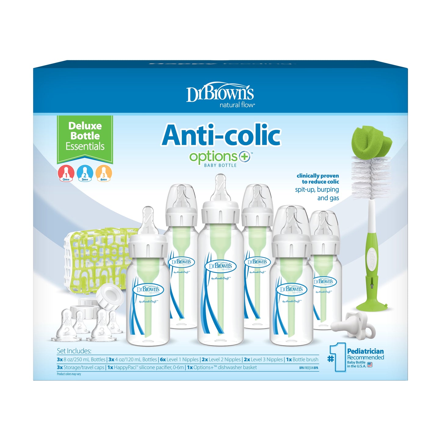 Dr. Brown's Anti-Colic Baby Bottle Gift Set – Pacifier, Bottle Brush, Dishwasher Basket, BPA-Free