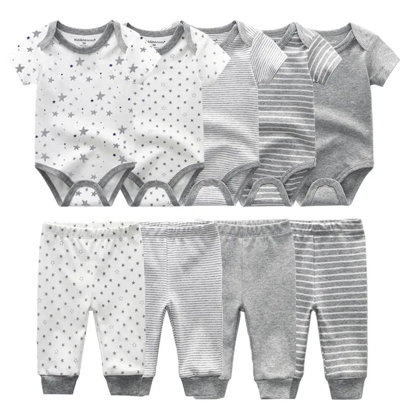 6/9/10-Piece Baby Clothes Set – Cotton Bodysuits & Pants for Boys and Girls