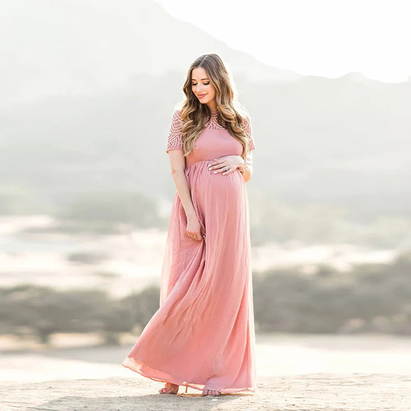 Elegant Dusty Pink Maternity Dress for Photography, Long Chiffon with Lace for Pregnant Women