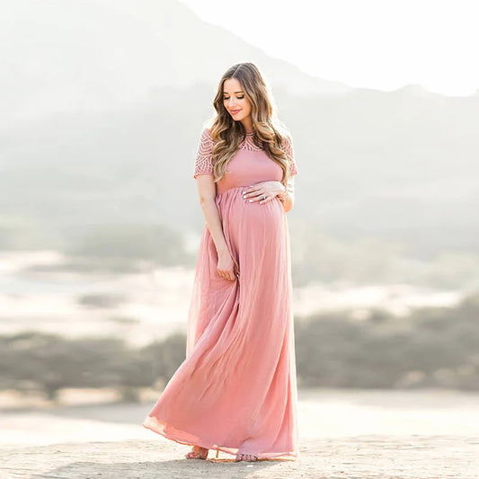 Elegant Dusty Pink Maternity Dress for Photography, Long Chiffon with Lace for Pregnant Women