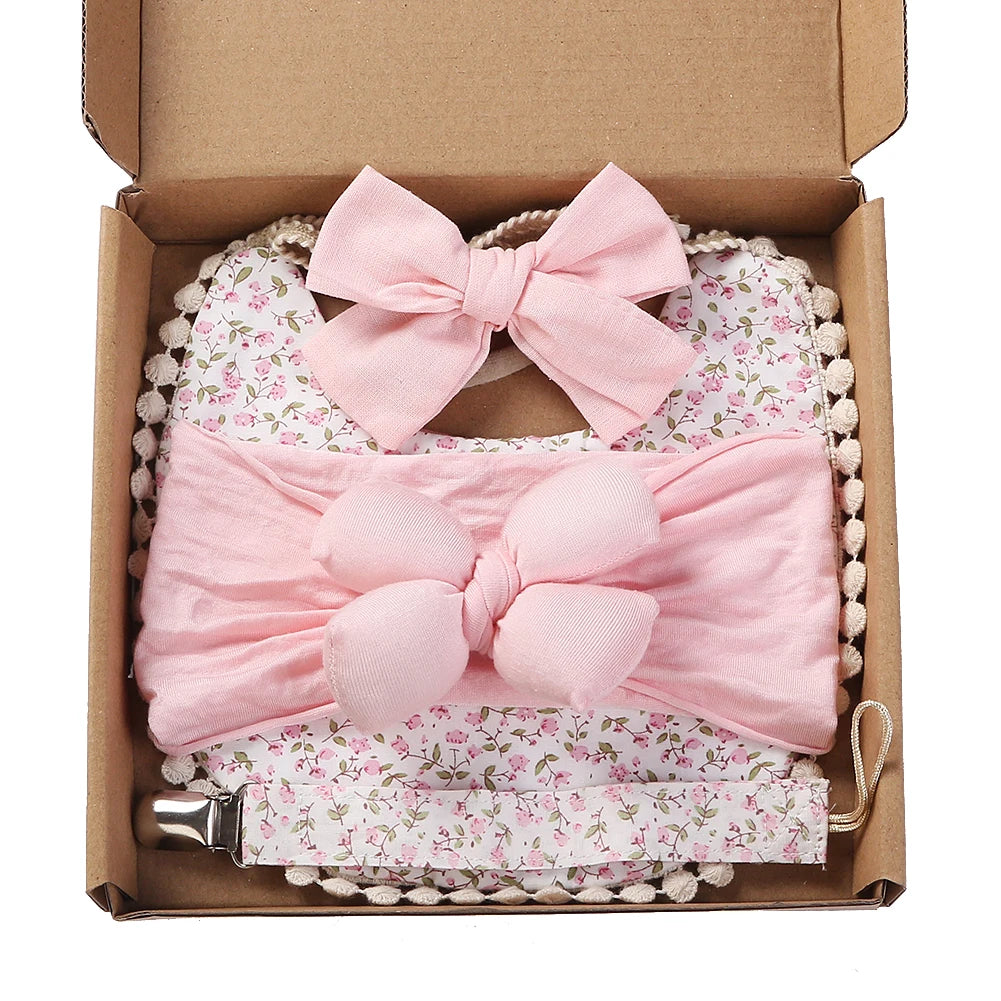 4-Piece Baby Gift Set – Flower Print Bib, Headband, Pacifier Clip, & Nylon Hair Band