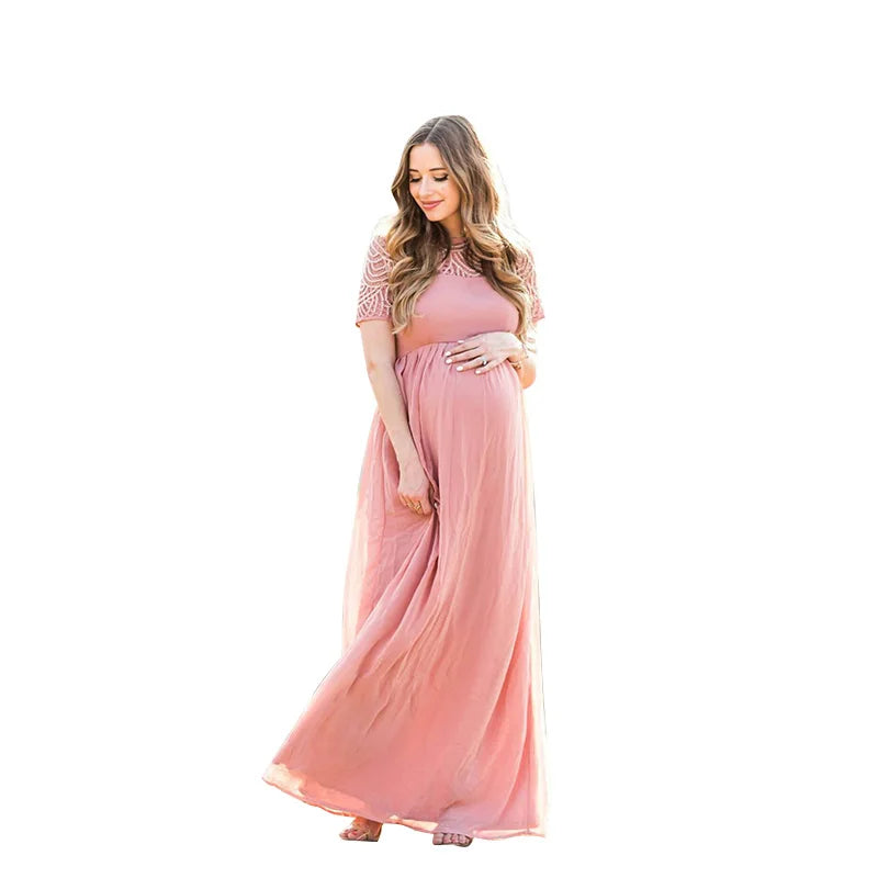 Elegant Dusty Pink Maternity Dress for Photography, Long Chiffon with Lace for Pregnant Women