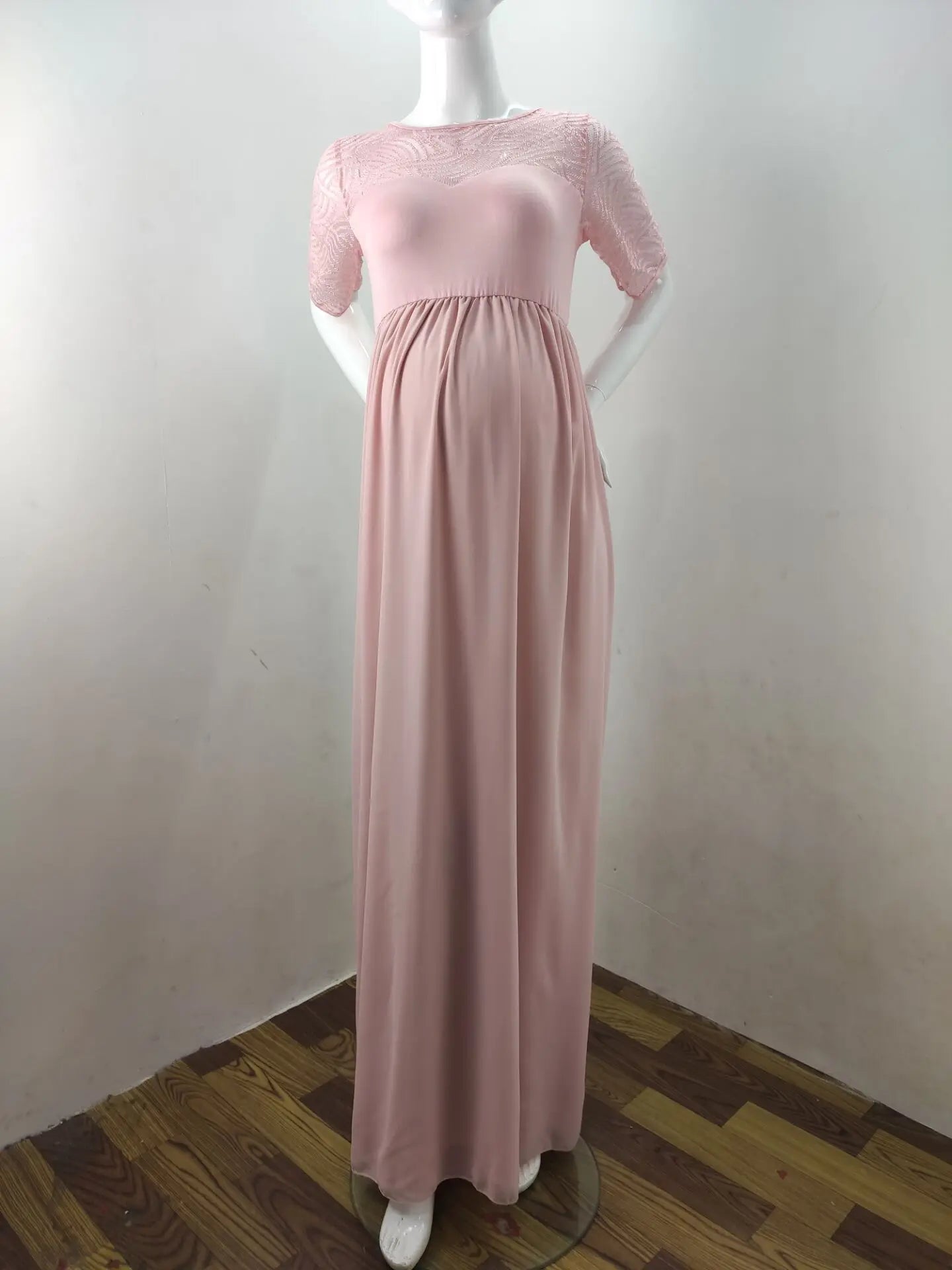 Elegant Dusty Pink Maternity Dress for Photography, Long Chiffon with Lace for Pregnant Women