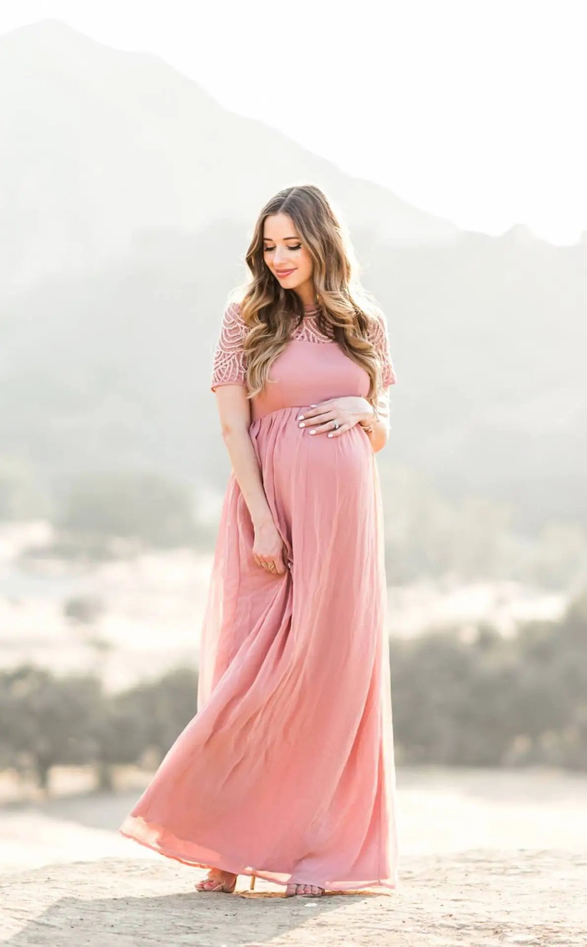 Elegant Dusty Pink Maternity Dress for Photography, Long Chiffon with Lace for Pregnant Women