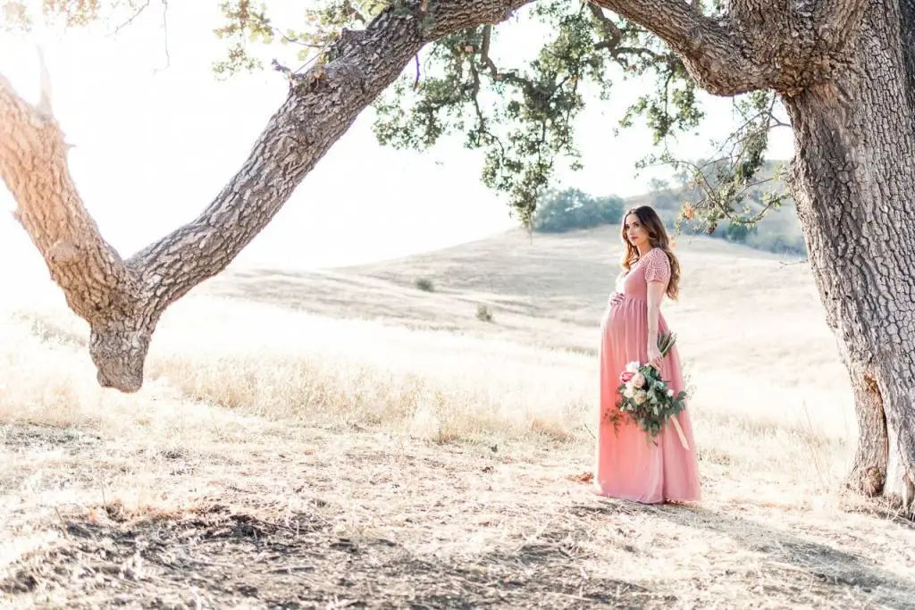 Elegant Dusty Pink Maternity Dress for Photography, Long Chiffon with Lace for Pregnant Women