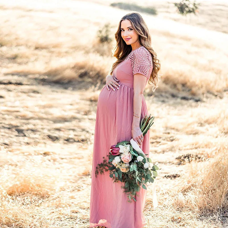 Elegant Dusty Pink Maternity Dress for Photography, Long Chiffon with Lace for Pregnant Women