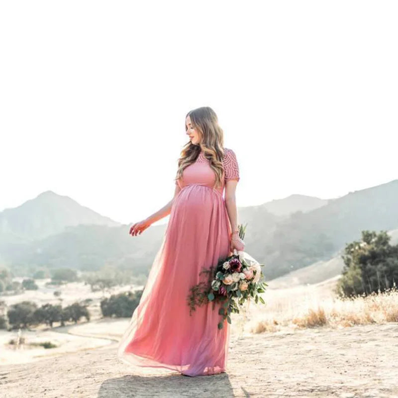 Elegant Dusty Pink Maternity Dress for Photography, Long Chiffon with Lace for Pregnant Women