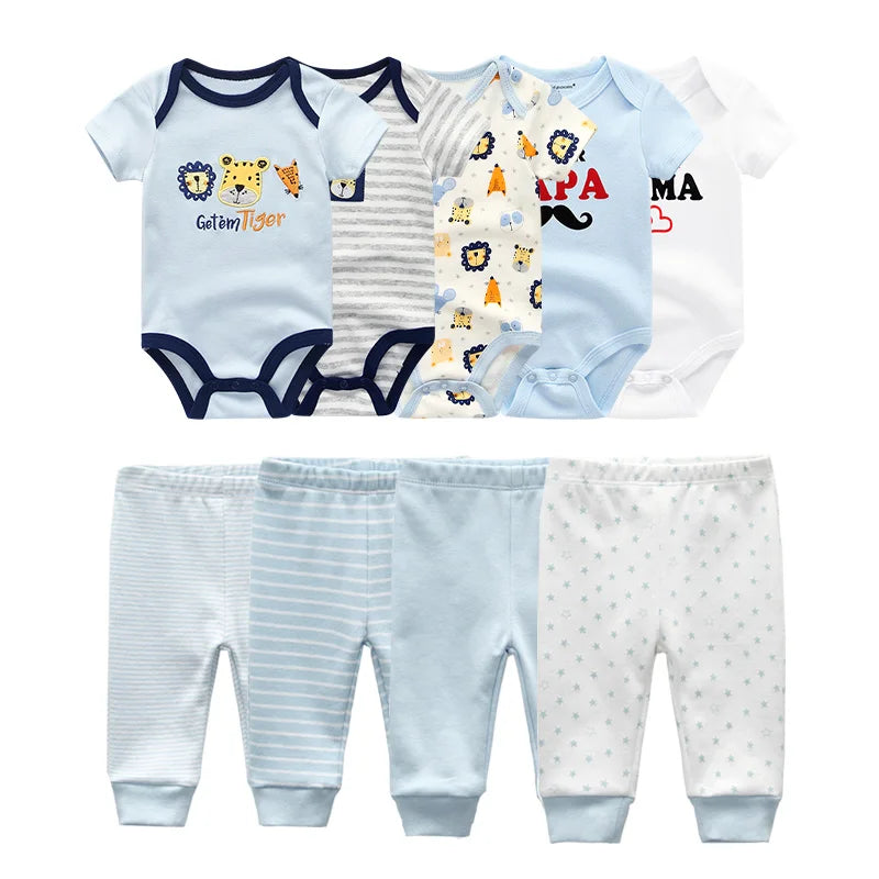 6/9/10-Piece Baby Clothes Set – Cotton Bodysuits & Pants for Boys and Girls