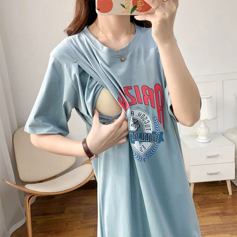 Breastfeeding Home Dress | Summer Maternity Nursing Loose-Fit Casual Feeding Gown