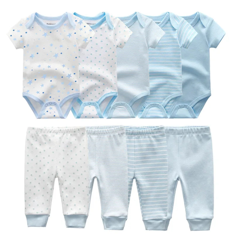 6/9/10-Piece Baby Clothes Set – Cotton Bodysuits & Pants for Boys and Girls