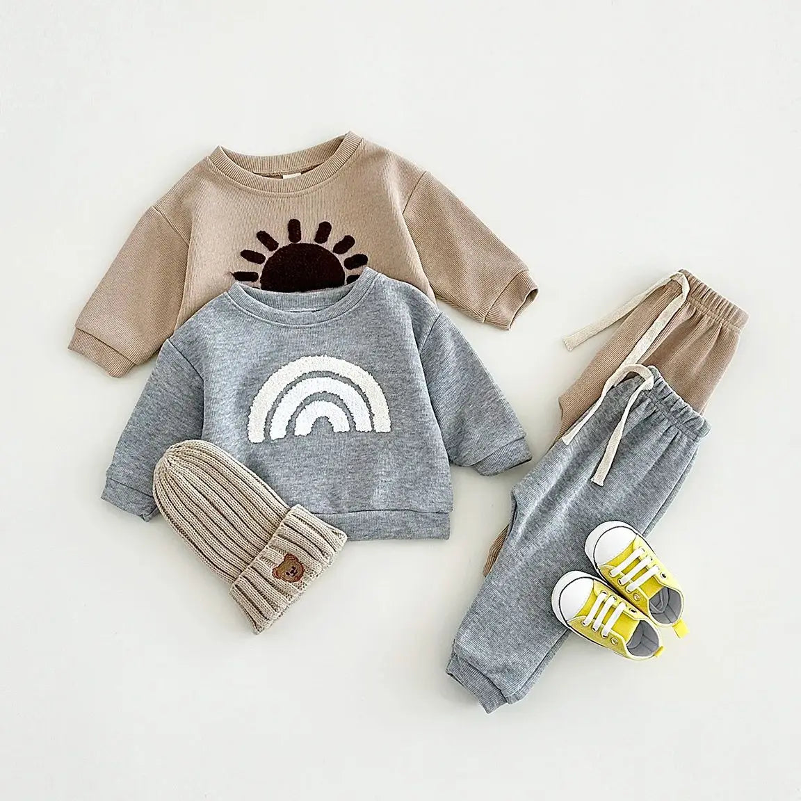 Cozy Rainbow & Sun Baby Set | Long-Sleeve Sweatshirt + Pants | Unisex Infant Outfit