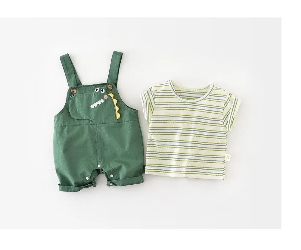 2-Piece Baby Outfit – Striped Tee & Dinosaur Overall Set