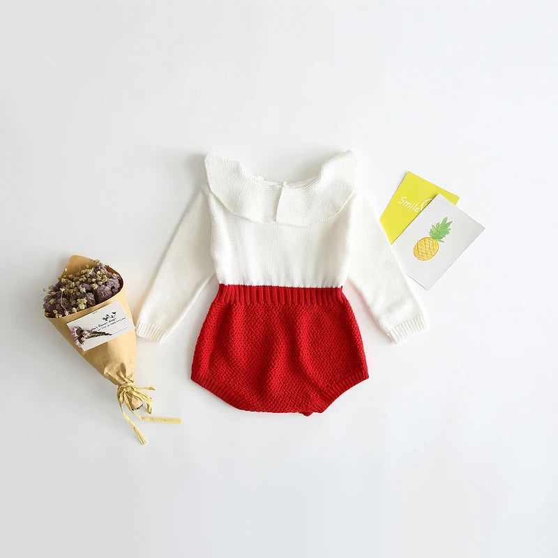 Knitted Long-Sleeve Baby Romper – Patchwork Jumpsuit for Girls (Spring & Autumn)