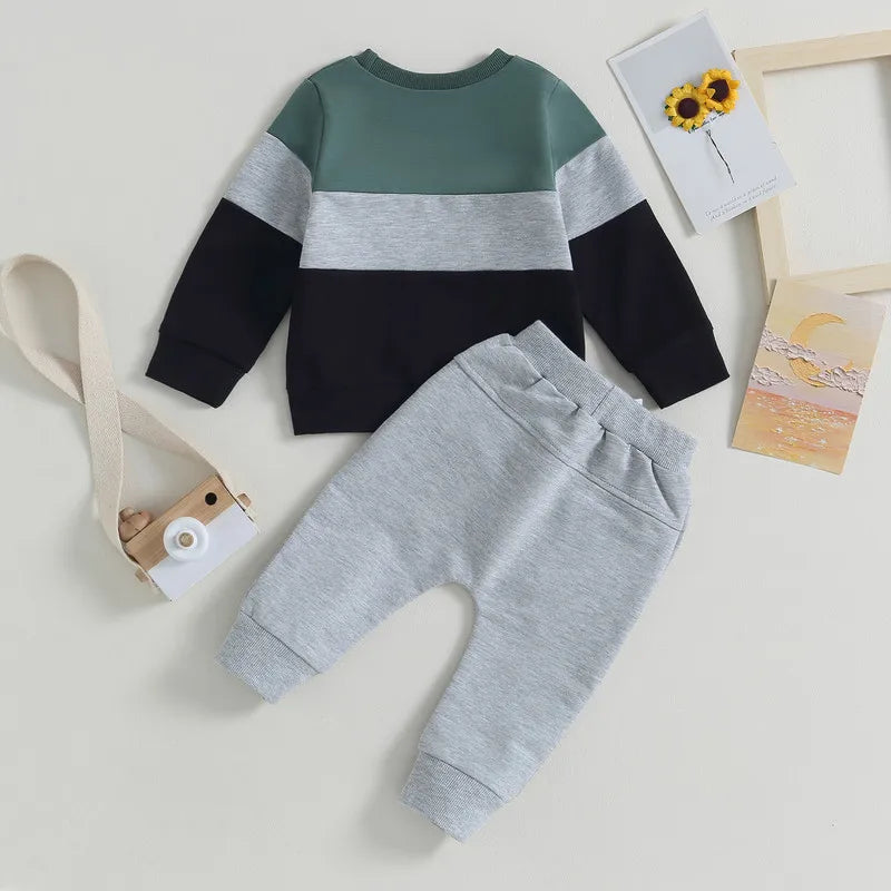 2-Piece Baby Boy Outfit – Contrast Color Sweatshirt & Elastic Pants