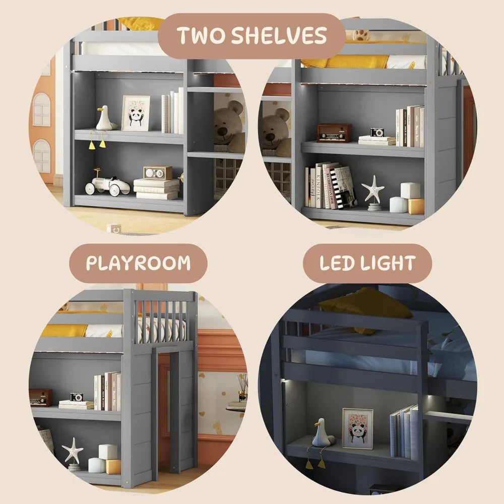 Twin Size Loft Bed with Storage, LED Light & Shelves