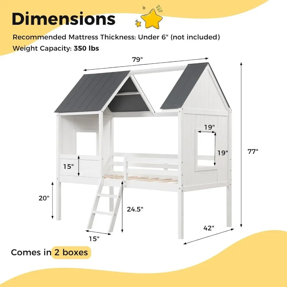 Twin House Bed Frame for Kids – Wooden Loft Bed with Guardrails, Ladder, Storage Space, and Playhouse Design