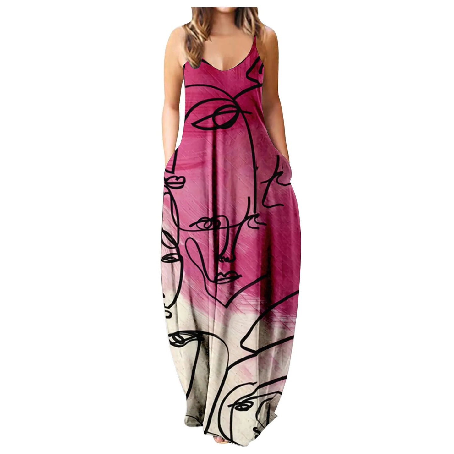 Pregnant Women's Summer Strapless Long Dress With Abstract Face Digital Print  Stylish  Comfortable For Streetwear Breathable