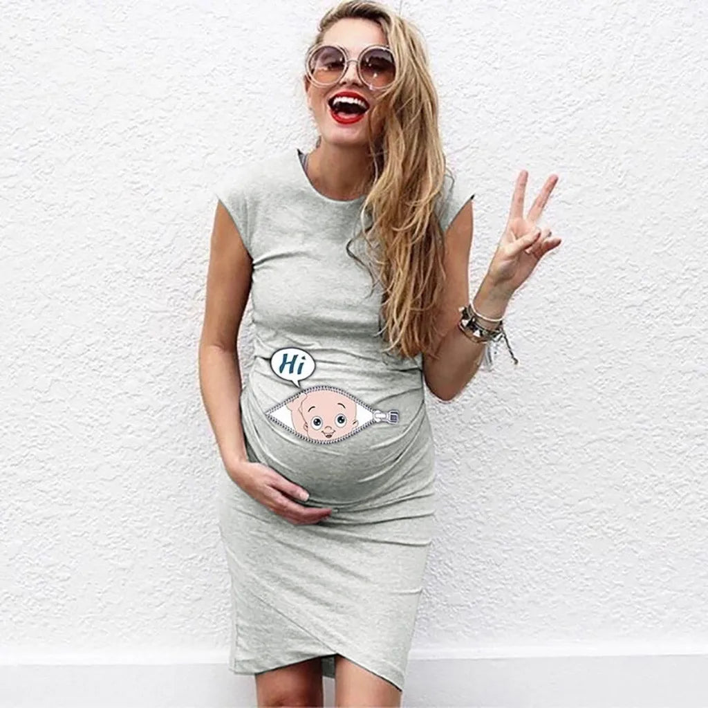 Cartoon Letter Print Sleeveless Slim Maternity Dress - Cute & Comfy Pregnancy Casual Wear