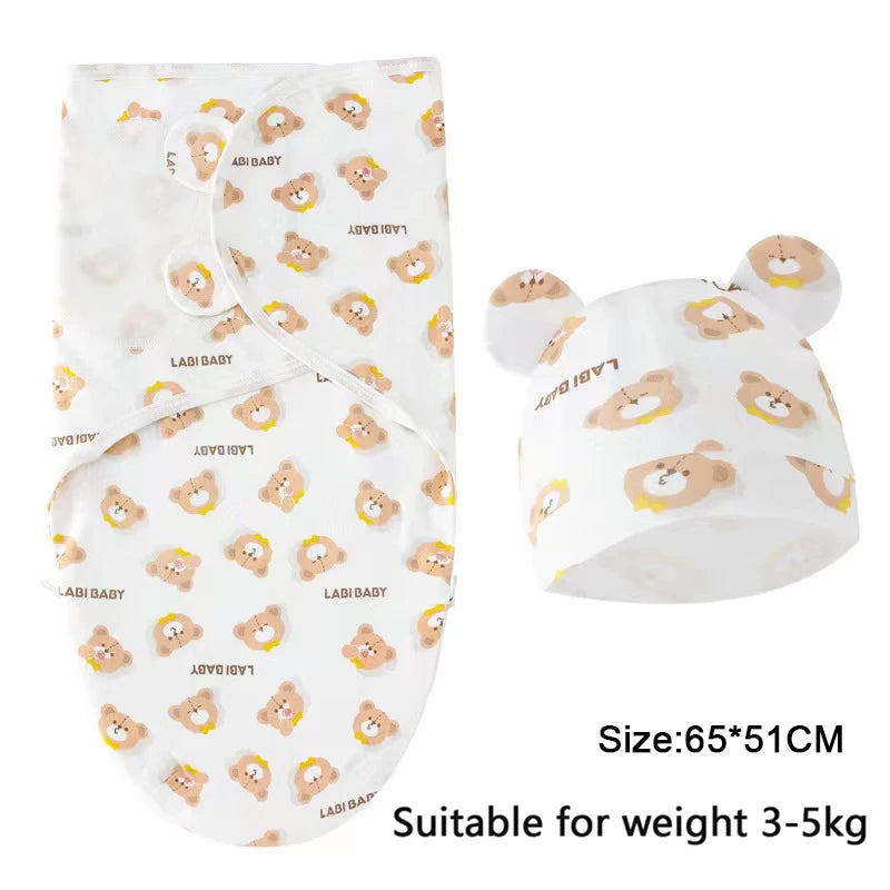 Adjustable Cotton Baby Swaddle Blanket with Cartoon Prints