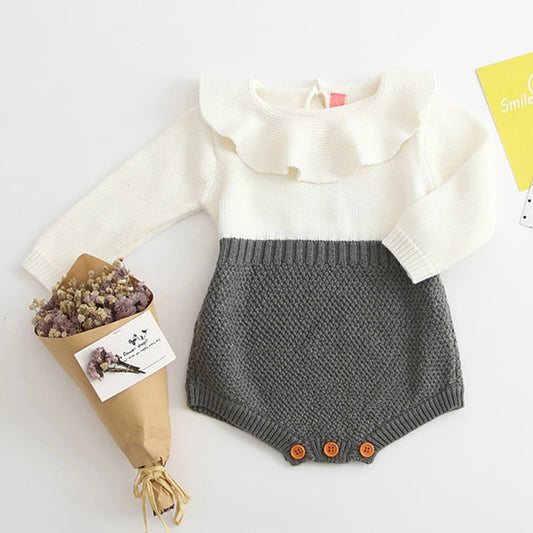 Knitted Long-Sleeve Baby Romper – Patchwork Jumpsuit for Girls (Spring & Autumn)