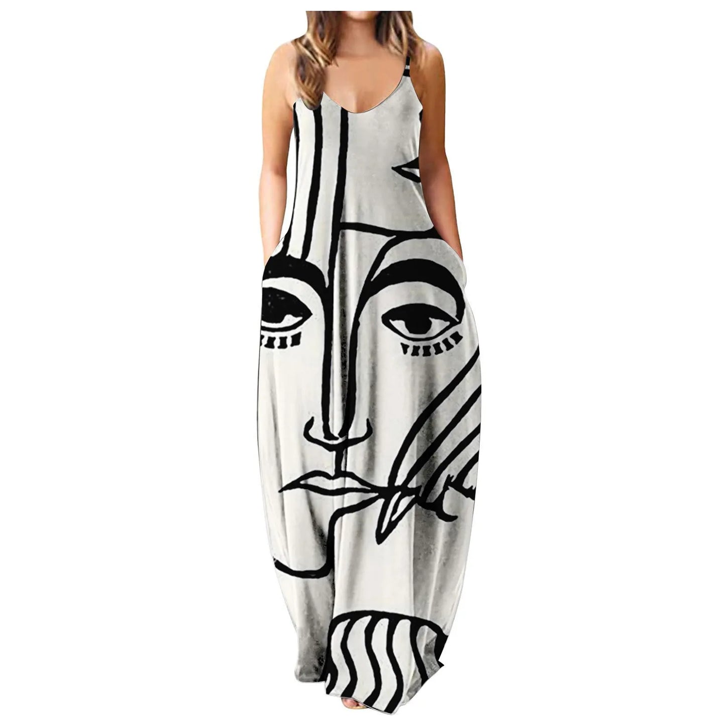 Pregnant Women's Summer Strapless Long Dress With Abstract Face Digital Print  Stylish  Comfortable For Streetwear Breathable