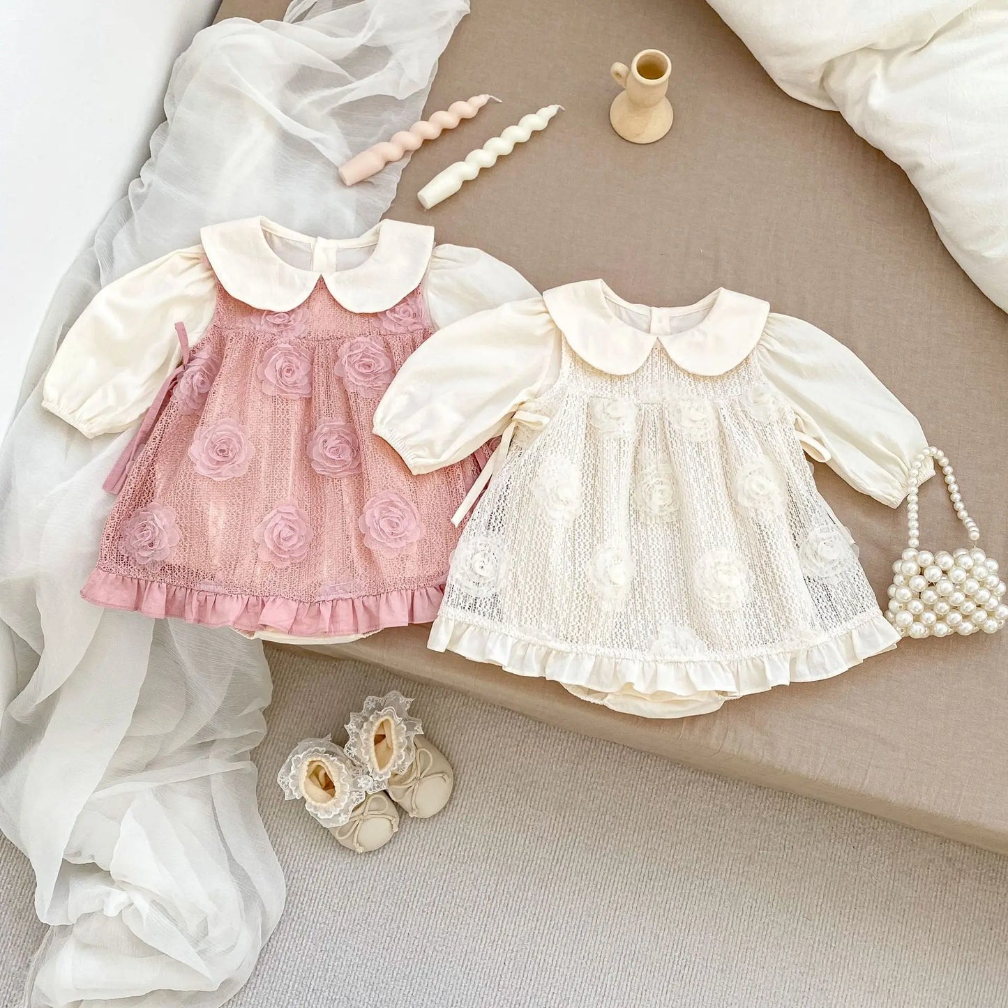 2-Piece Baby Girl Dress Set – Peter Pan Collar Bodysuit & 3D Flower Sleeveless Dress