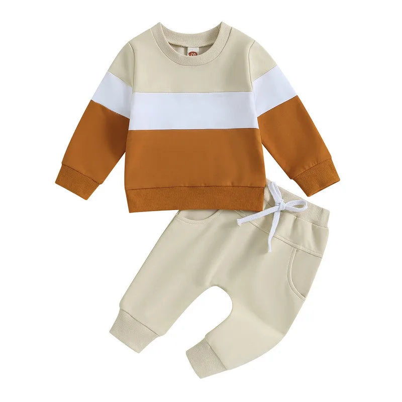 2-Piece Baby Boy Outfit – Contrast Color Sweatshirt & Elastic Pants