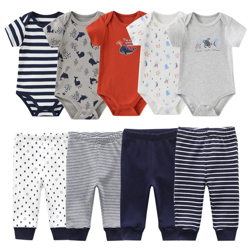 6/9/10-Piece Baby Clothes Set – Cotton Bodysuits & Pants for Boys and Girls