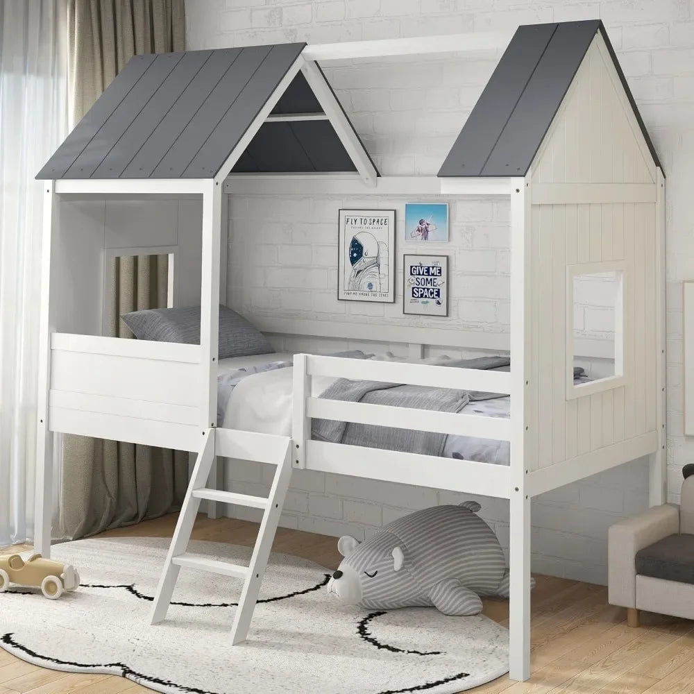 Twin House Bed Frame for Kids – Wooden Loft Bed with Guardrails, Ladder, Storage Space, and Playhouse Design