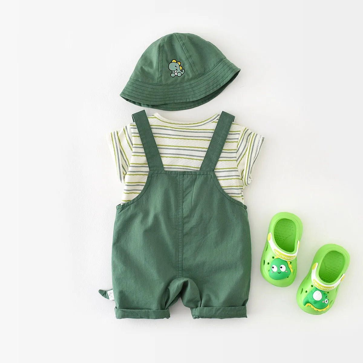 2-Piece Baby Outfit – Striped Tee & Dinosaur Overall Set