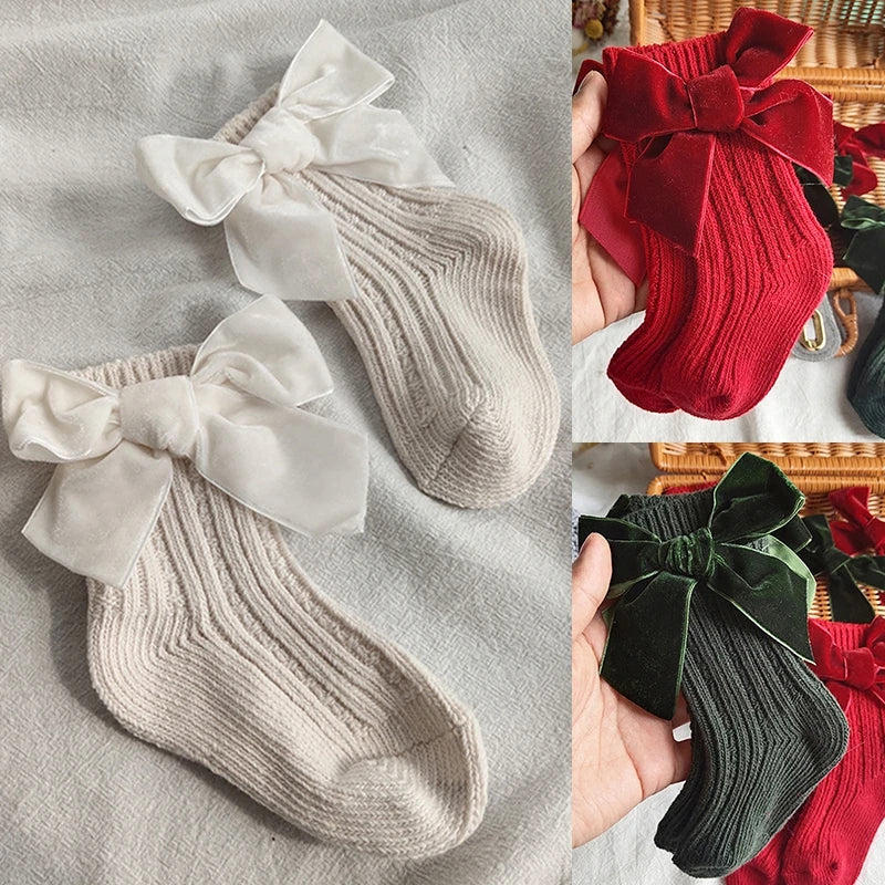 Red Bow Christmas Socks – Non-Slip Medium Tube Socks for Infants & Toddlers