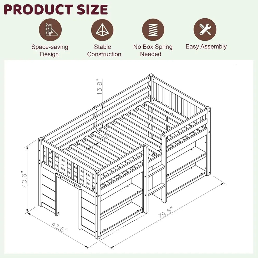 Twin Size Loft Bed with Storage, LED Light & Shelves