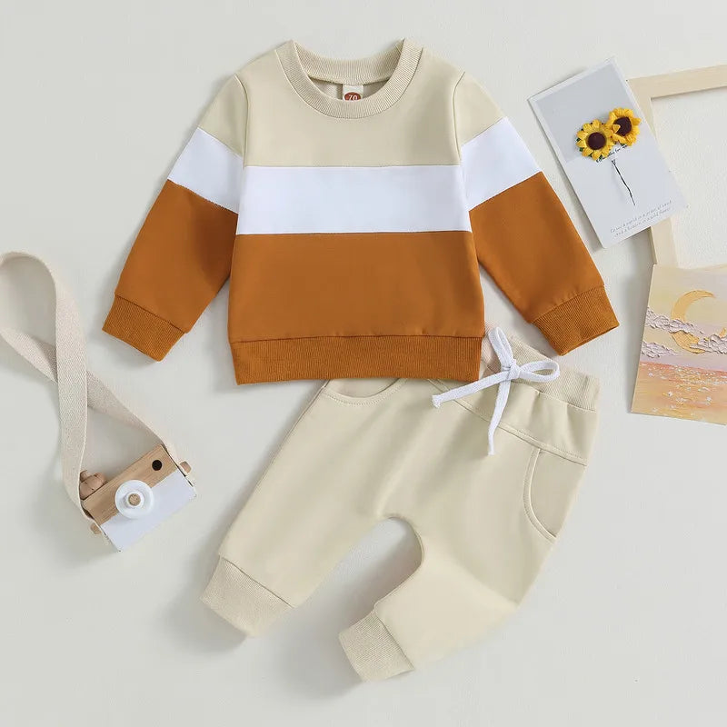 2-Piece Baby Boy Outfit – Contrast Color Sweatshirt & Elastic Pants