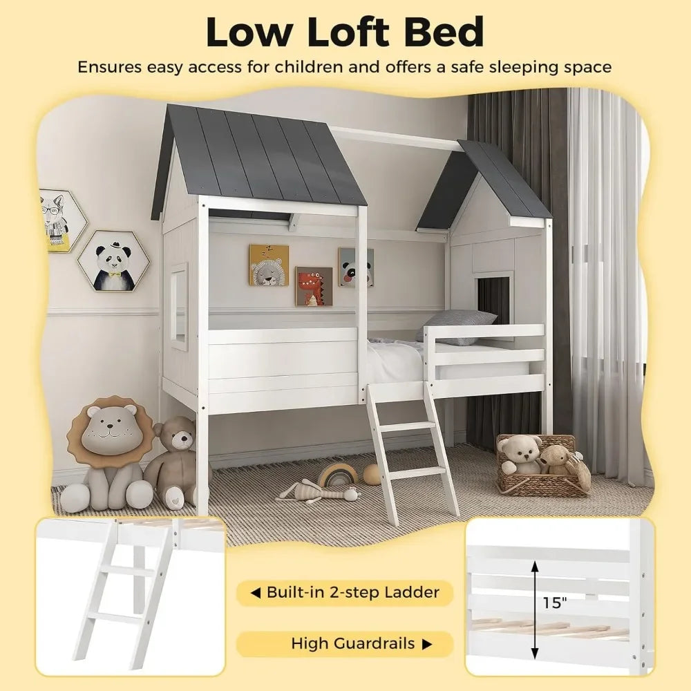 Twin House Bed Frame for Kids – Wooden Loft Bed with Guardrails, Ladder, Storage Space, and Playhouse Design