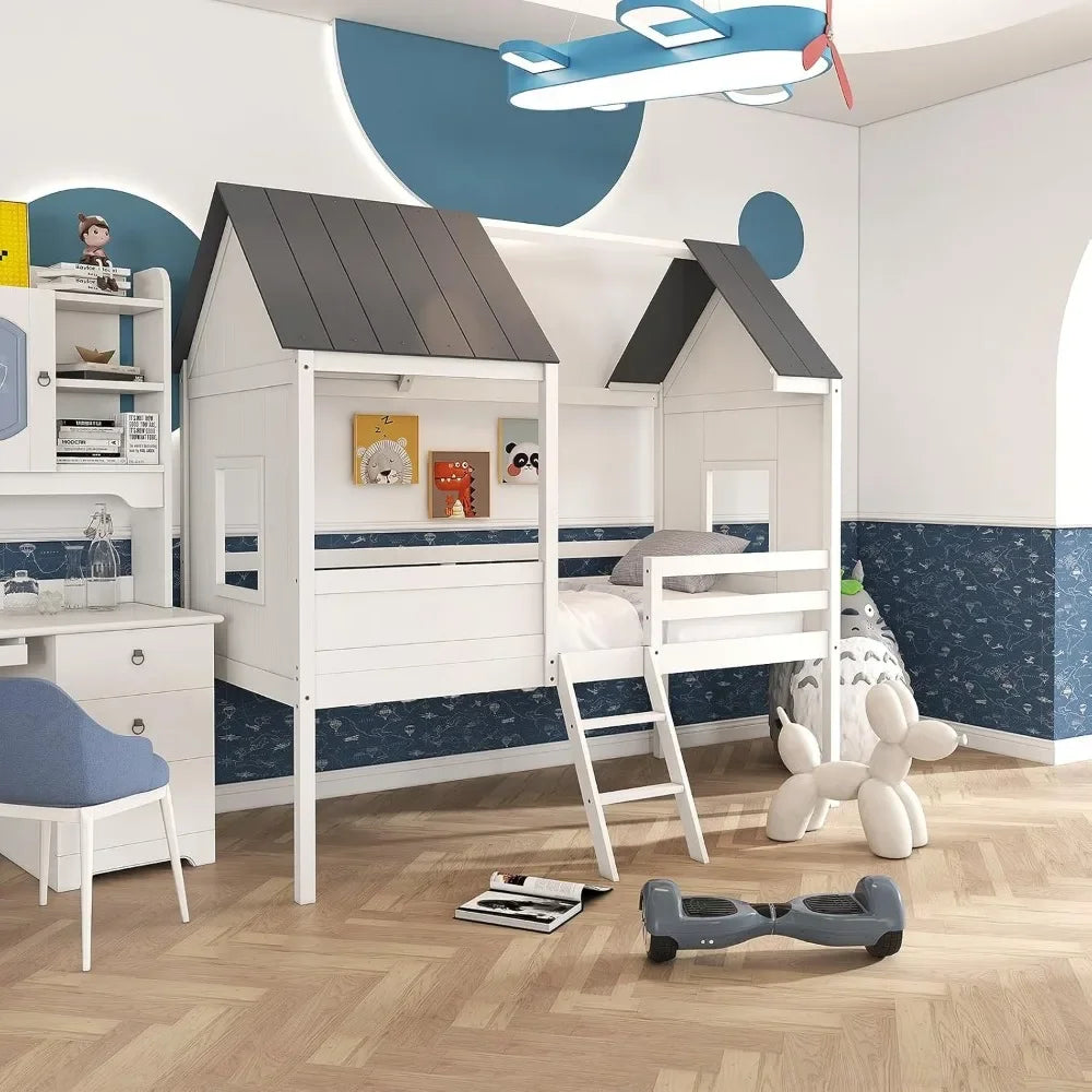 Twin House Bed Frame for Kids – Wooden Loft Bed with Guardrails, Ladder, Storage Space, and Playhouse Design