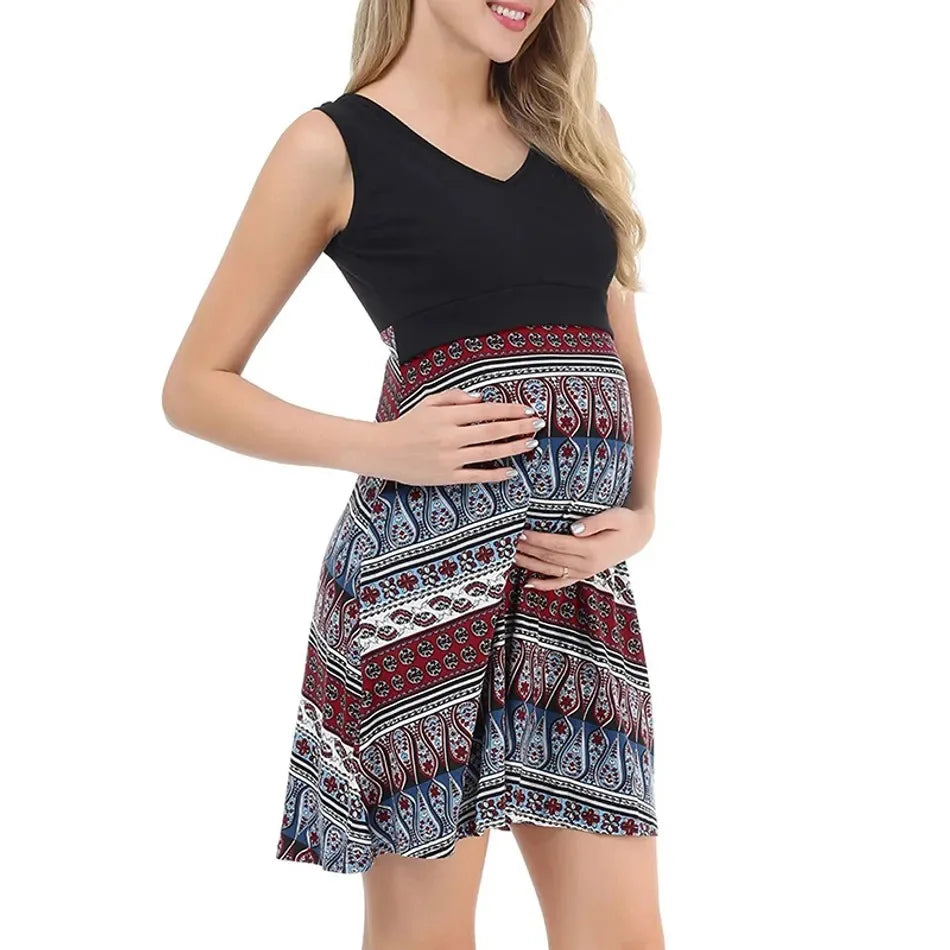 Summer Maternity Nursing Dress with Black Printed V-Neck, Breathable & Sleeveless