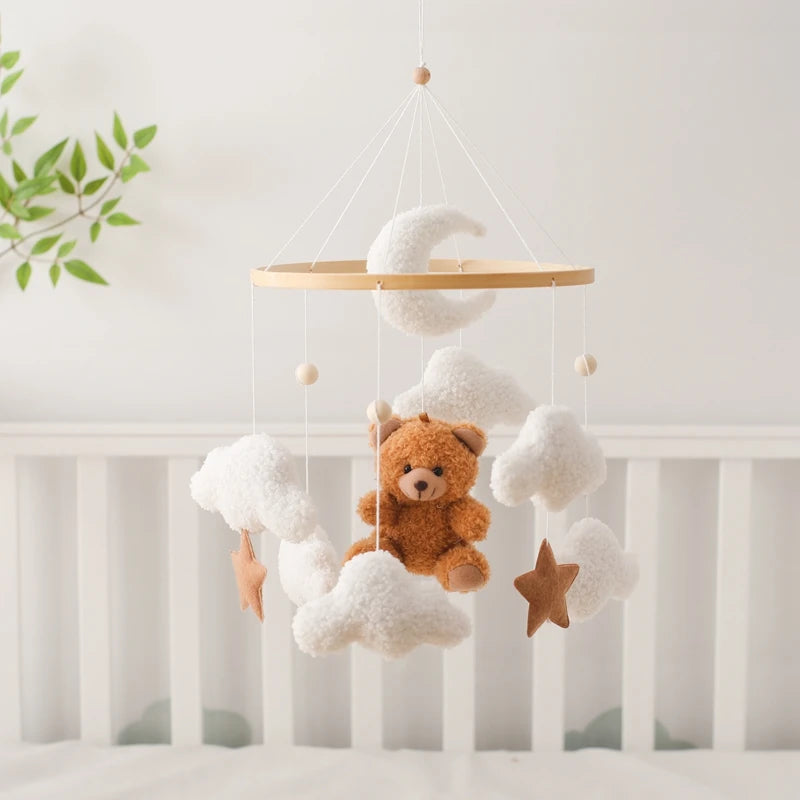 Wooden Crib Mobile with Soft Bear & Cloud Design