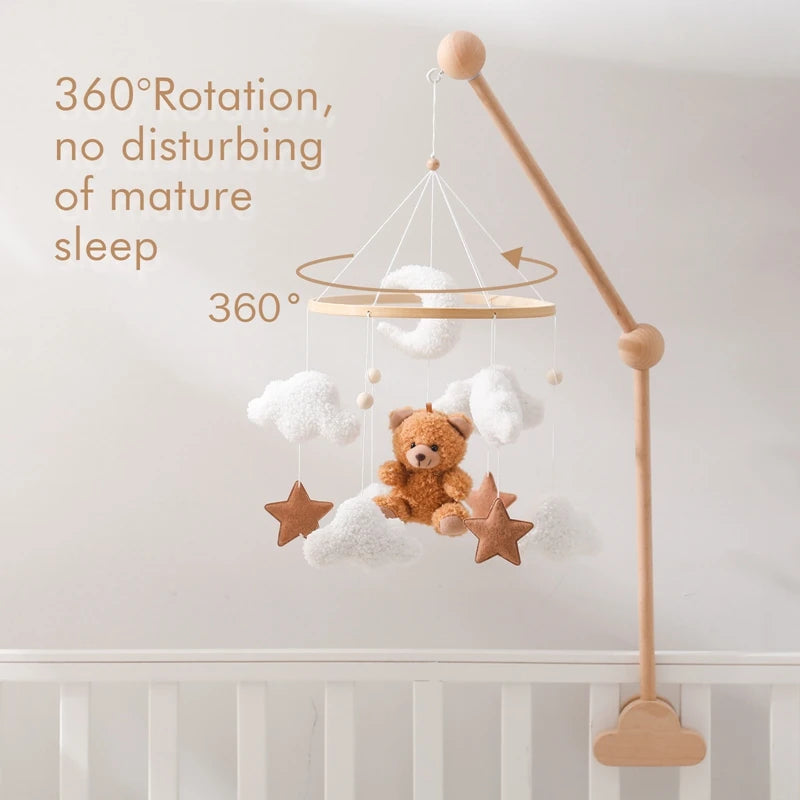 Wooden Crib Mobile with Soft Bear & Cloud Design