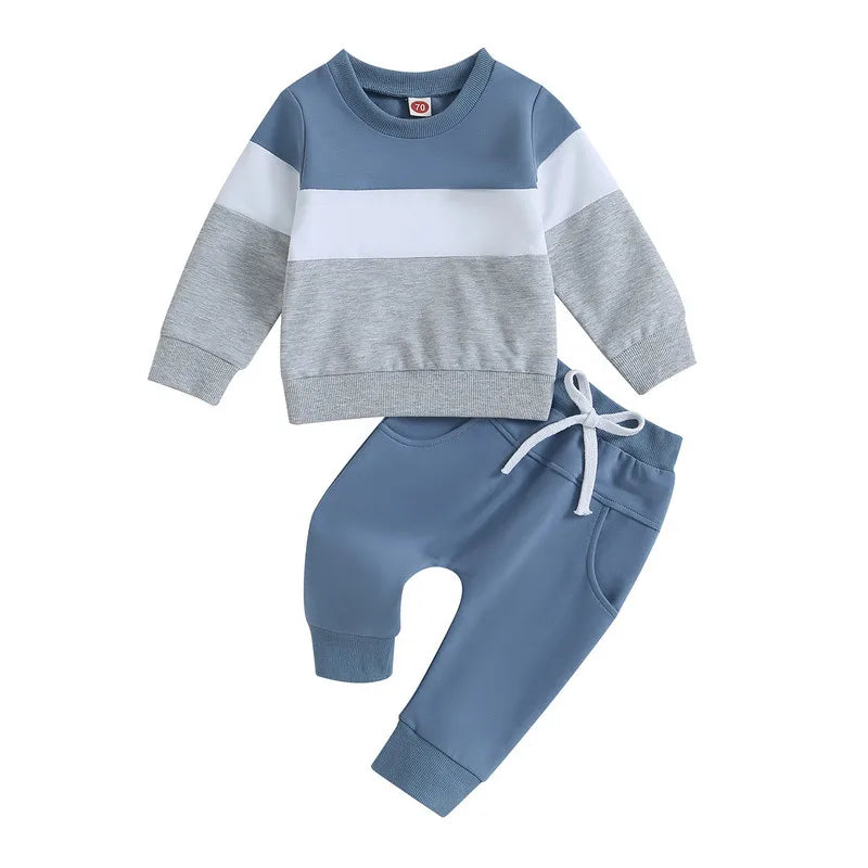 2-Piece Baby Boy Outfit – Contrast Color Sweatshirt & Elastic Pants