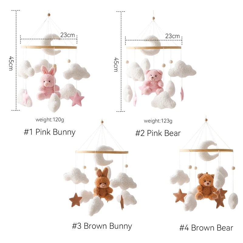 Wooden Crib Mobile with Soft Bear & Cloud Design