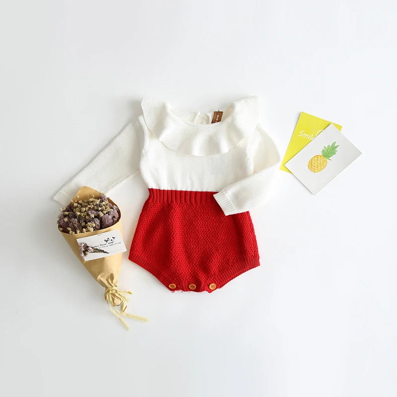 Knitted Long-Sleeve Baby Romper – Patchwork Jumpsuit for Girls (Spring & Autumn)