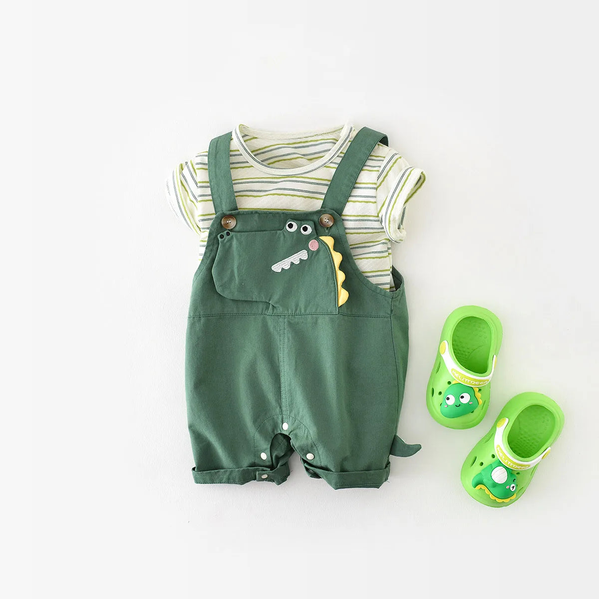 2-Piece Baby Outfit – Striped Tee & Dinosaur Overall Set