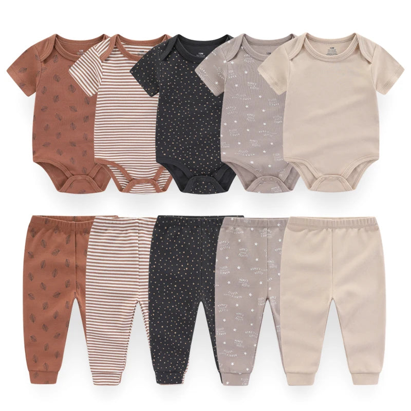 6/9/10-Piece Baby Clothes Set – Cotton Bodysuits & Pants for Boys and Girls