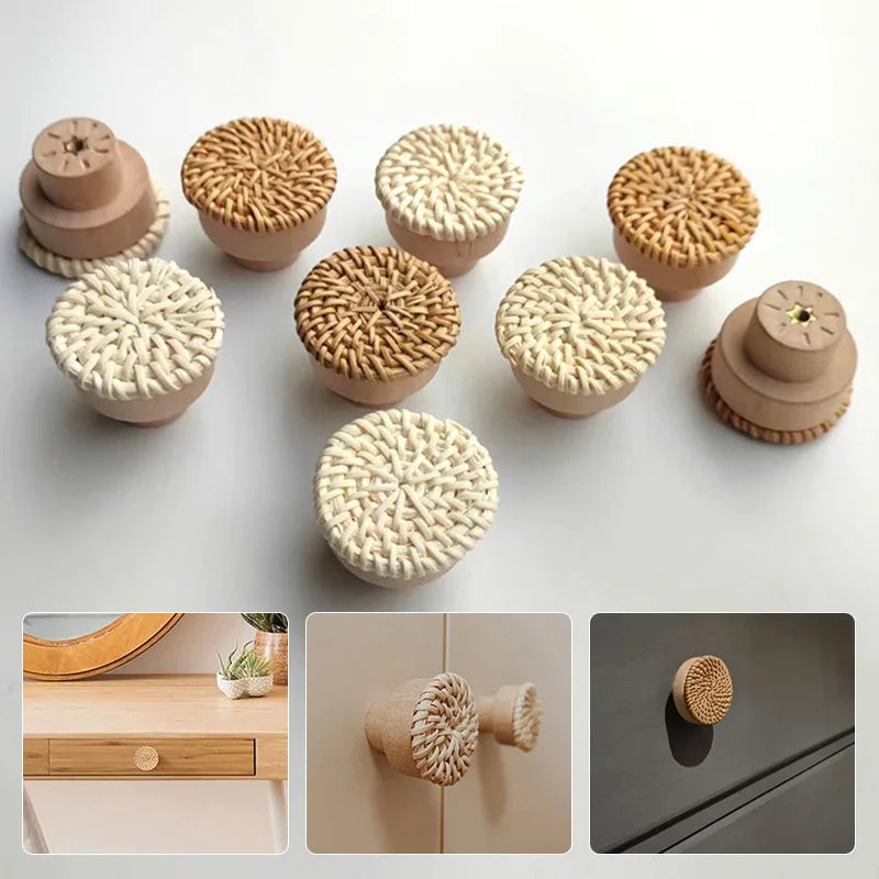 Handcrafted Wooden Rattan Drawer Knobs – Stylish Round Beech Handles for Cabinets, Wardrobes, and Dressers