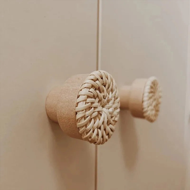 Handcrafted Wooden Rattan Drawer Knobs – Stylish Round Beech Handles for Cabinets, Wardrobes, and Dressers