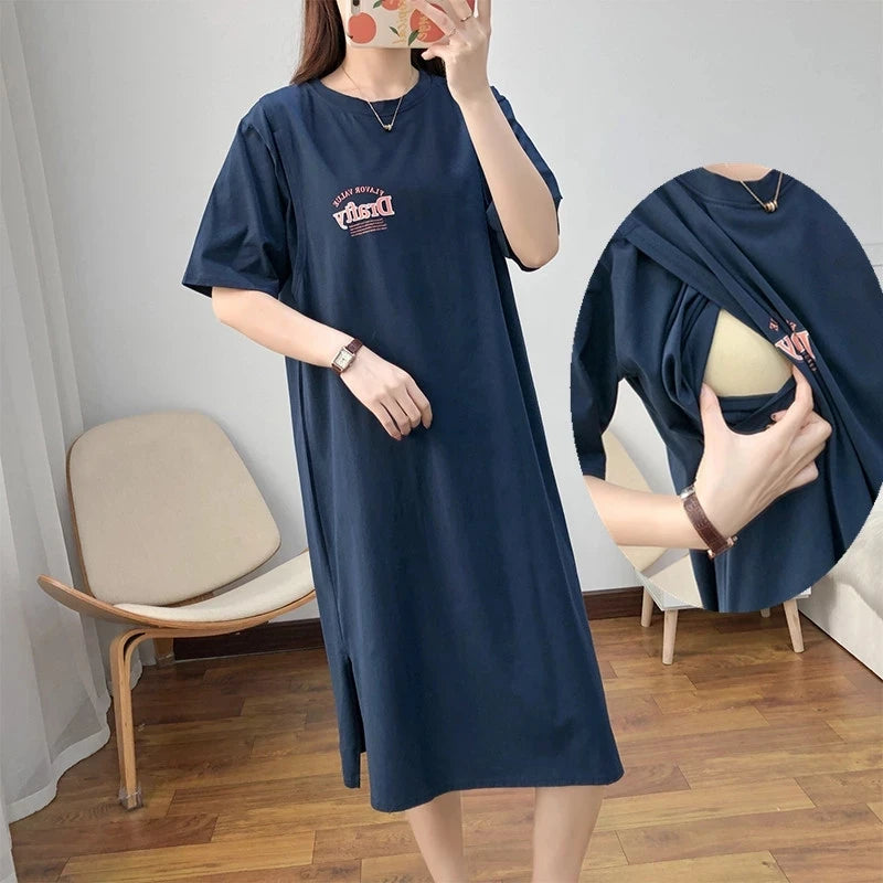 Breastfeeding Home Dress | Summer Maternity Nursing Loose-Fit Casual Feeding Gown