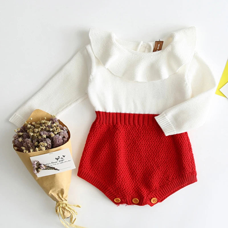 Knitted Long-Sleeve Baby Romper – Patchwork Jumpsuit for Girls (Spring & Autumn)