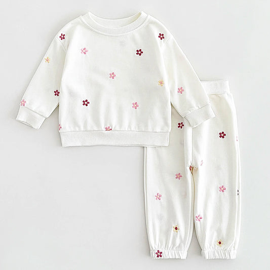 2-Piece Baby Girl Winter Set – Embroidered Flower Cotton Top & Pants