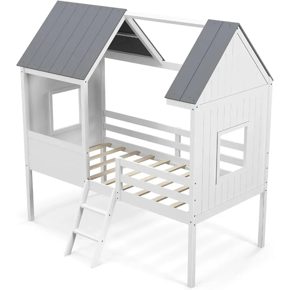 Twin House Bed Frame for Kids – Wooden Loft Bed with Guardrails, Ladder, Storage Space, and Playhouse Design