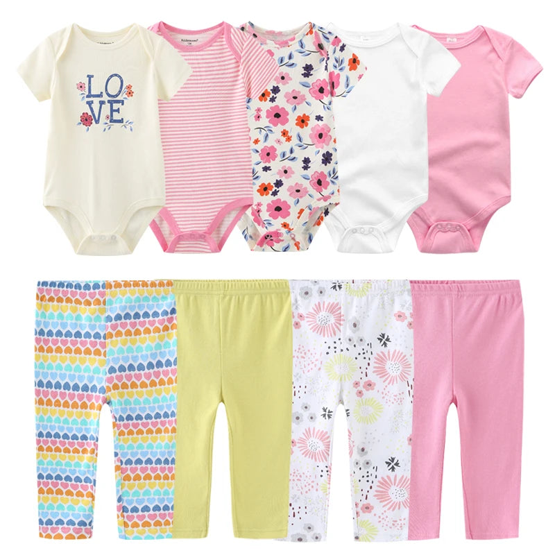 6/9/10-Piece Baby Clothes Set – Cotton Bodysuits & Pants for Boys and Girls